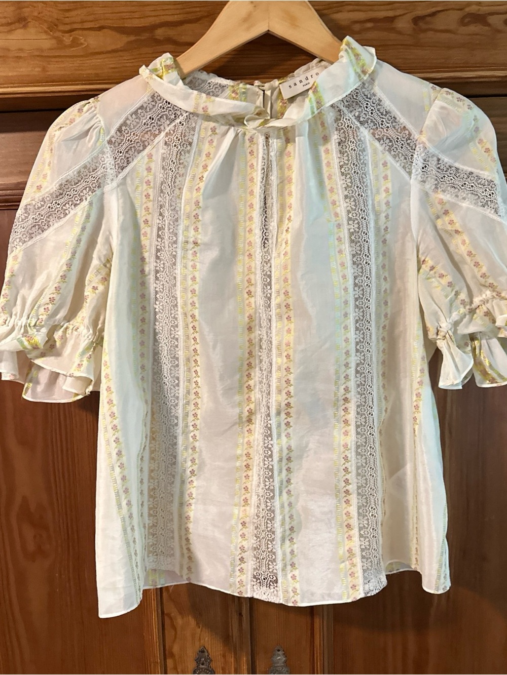 Sandro Paris Rosane Floral Stripe Ruffle-Neck Blouse - Cream size 2 - Picture 4 of 14